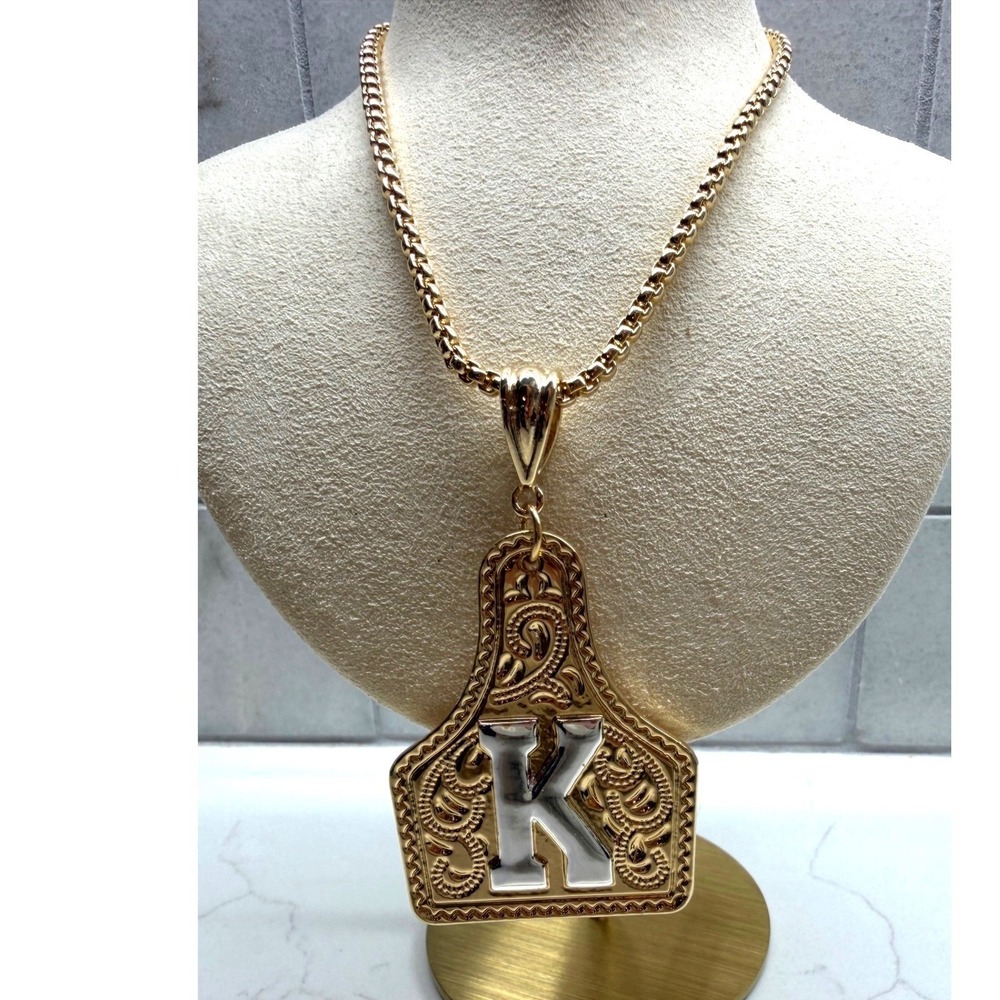 Western Cattle Tag Initial‎ K Pendant Necklace Engraved Filigree Gold NWOT - Picture 6 of 10